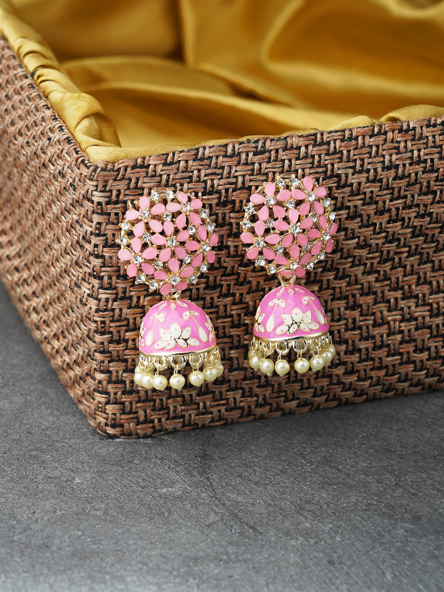 Elegant Gold Plated Stone studded Minakari Pink Pearl Jhumki