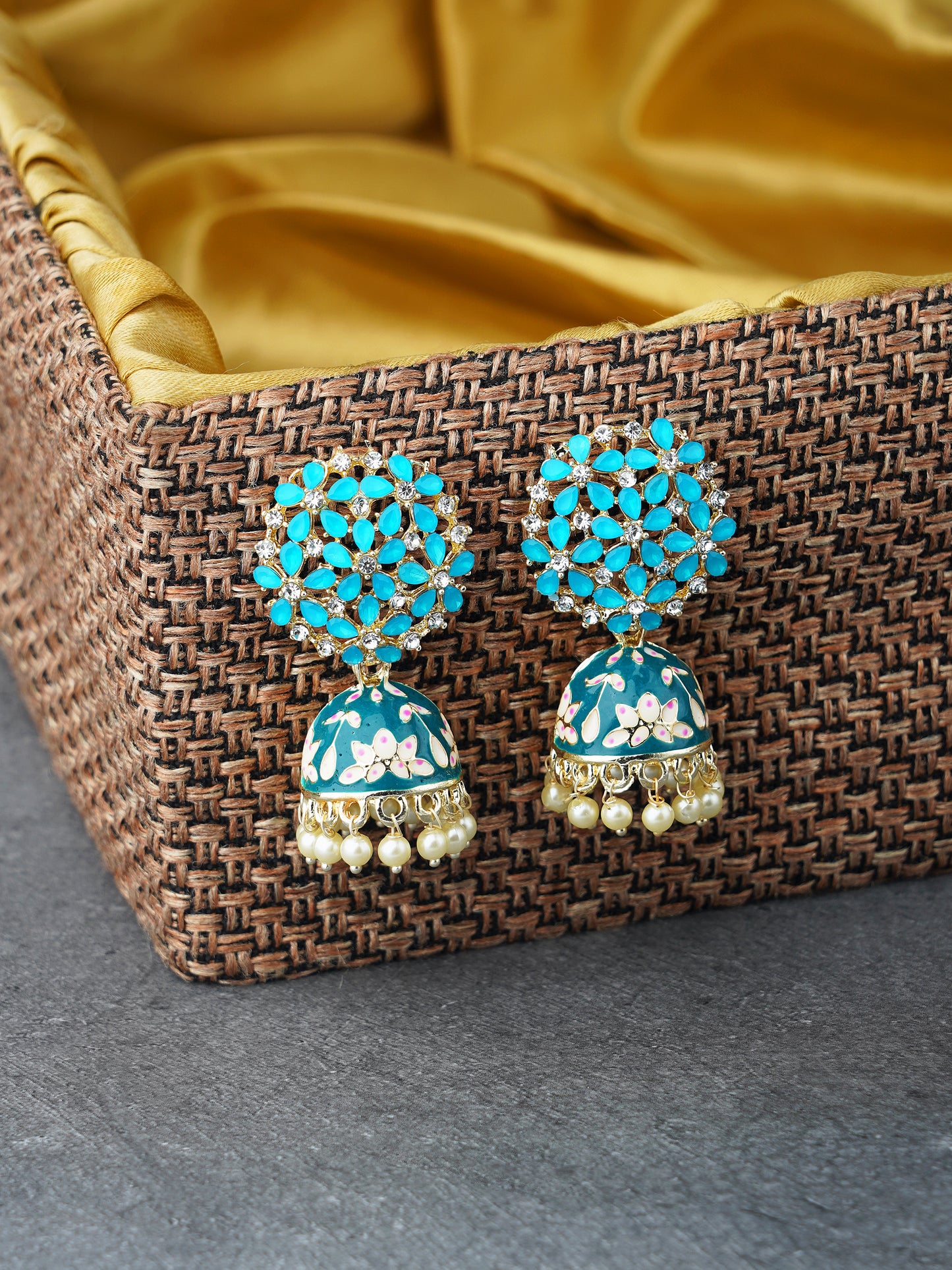 Elegant Gold Plated Stone studded Minakari Blue Pearl Jhumki