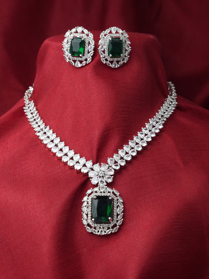 green stone american diamond necklace set red background