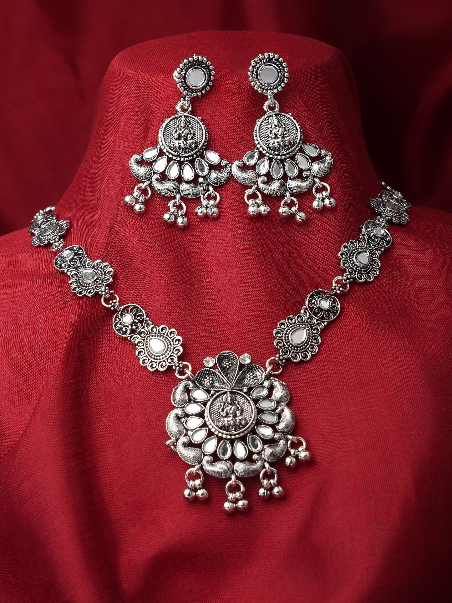 Goddess Lakshmi Oxidised Sliver Stone necklace Set for women