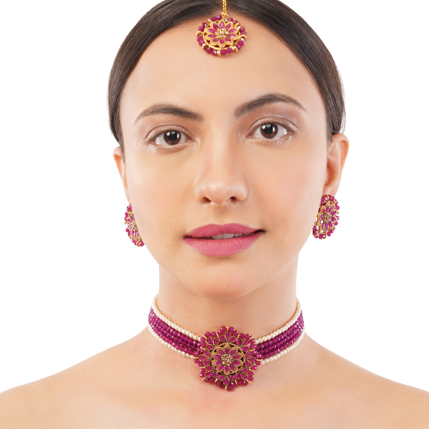 Gold Plated Purple Beadded Stone Jewellery Set