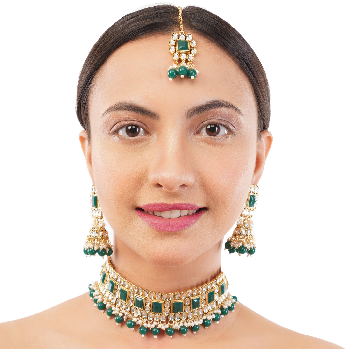 Gold Plated Emrald Green Kundan Jewellery Set