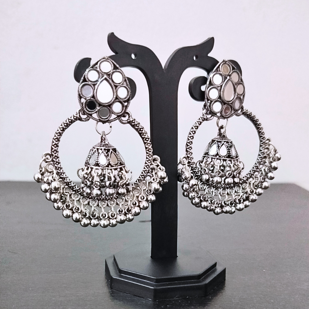 oxidised mirror work jhumka with stand