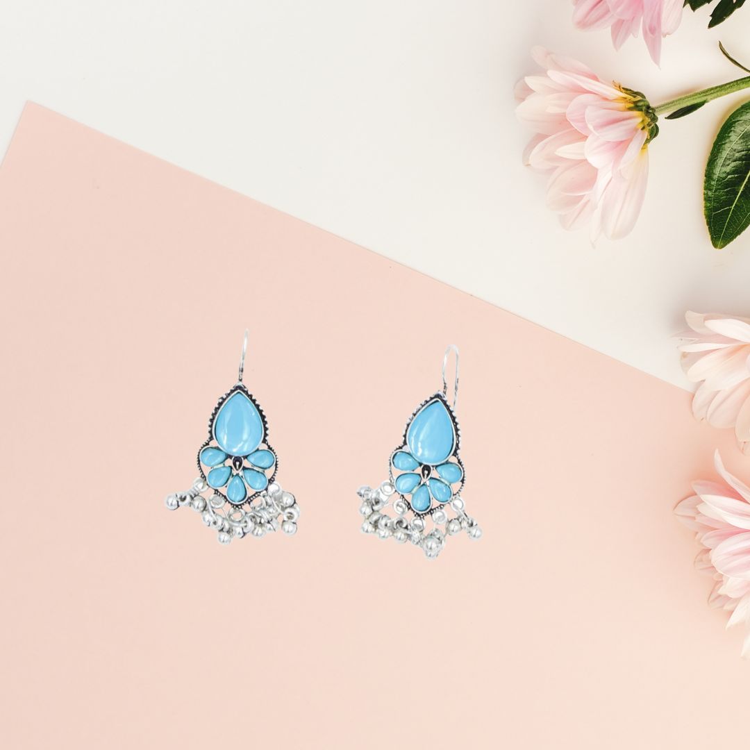 Elegant Silver Plated Light Blue Stone Pearl Earrings