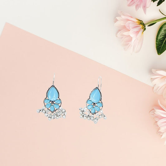 Elegant Silver Plated Light Blue Stone Pearl Earrings